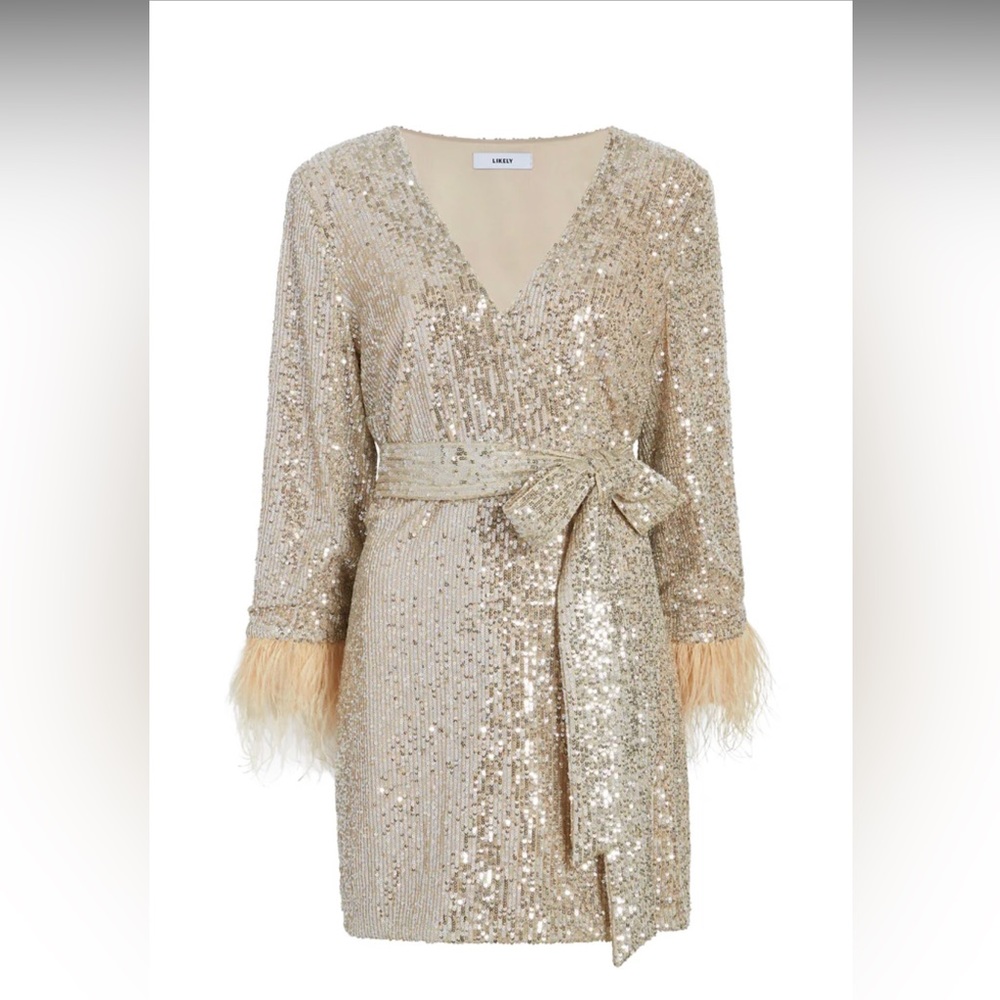 New LIKEKY Feather Lange Mini Wrap Dress,  Size 10 no tags